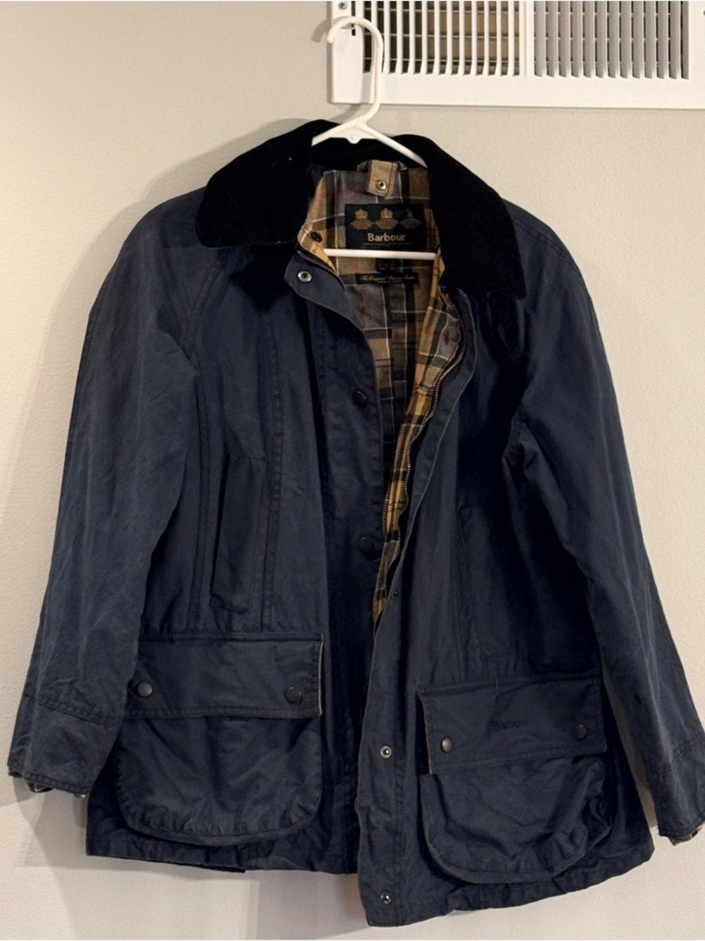 Vintage Barbour Classic Waxed Jacket in Navy with Black Corduroy Collar